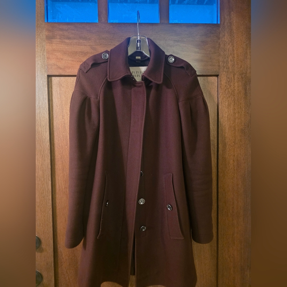 Burberry Brit burgundy wool pea coat with slightly puffed shoulder